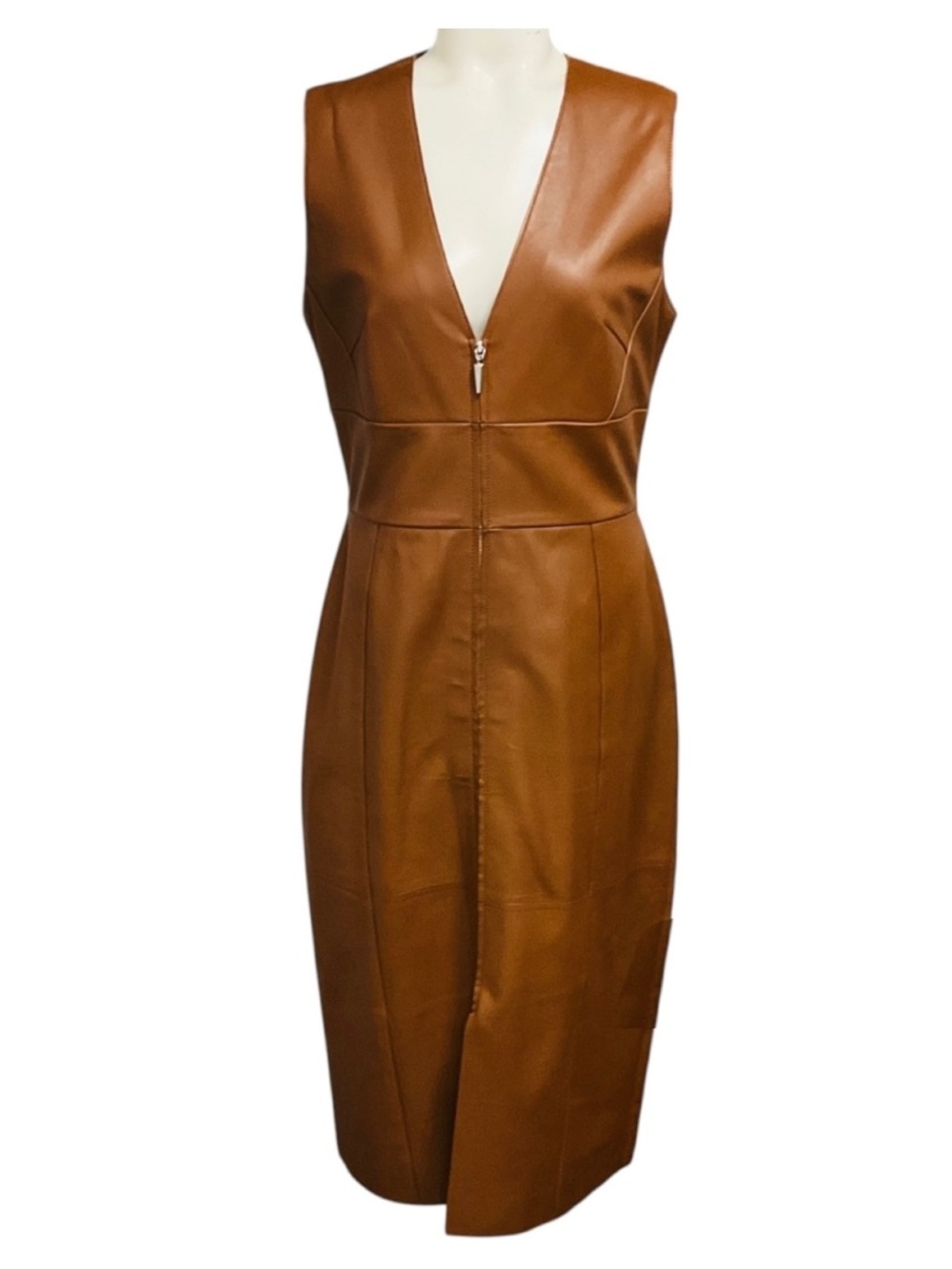 Prabal Gurung Brown Sleeveless V-Neck Lambskin Leather Midi Dress